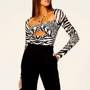 AFRM Zebra-Print Cutout Long-Sleeve Top - Black & White bodysuit